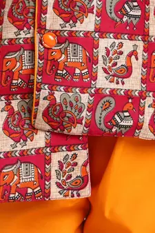 Orange Mor Print Full Sleeve Sherwani Dhoti