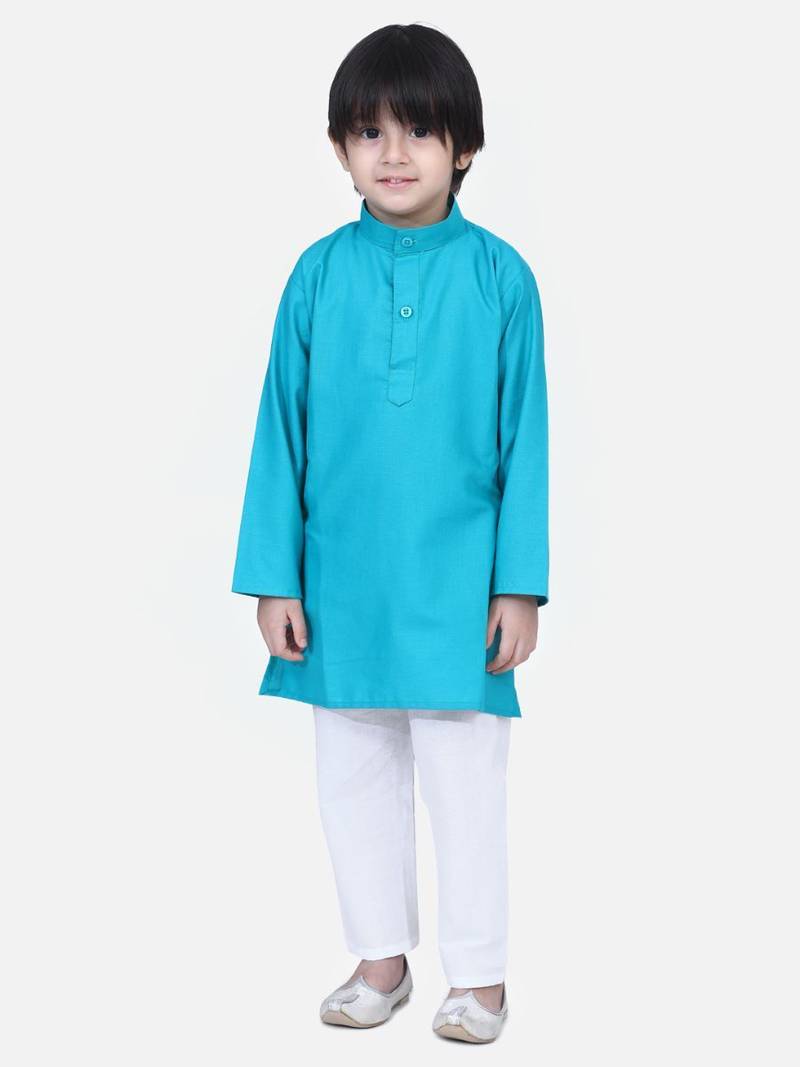 Teal Full Sleeve Stand Collar Kurta Pajama