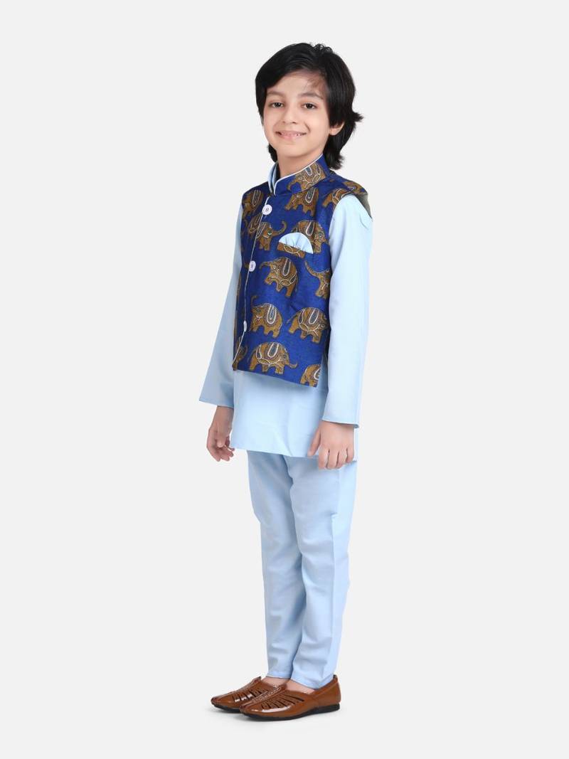 Sky Blue Full Sleeve Jacket Kurta Pajama for Boys
