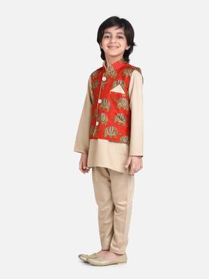 Biege Full Sleeve Jacket Kurta Pajama for Boys 1