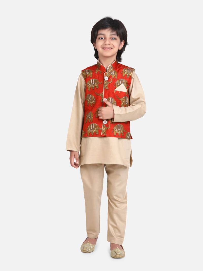 Biege Full Sleeve Jacket Kurta Pajama for Boys