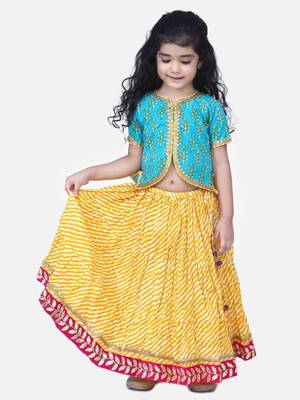 Green Block Print Front Open Cotton Skirt Top 1