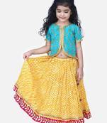 Green Block Print Front Open Cotton Skirt Top