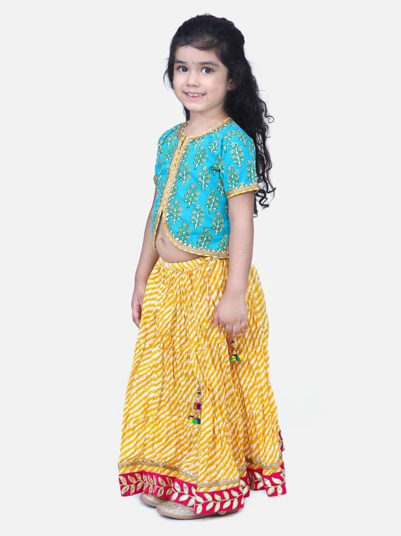 Green Block Print Front Open Cotton Skirt Top