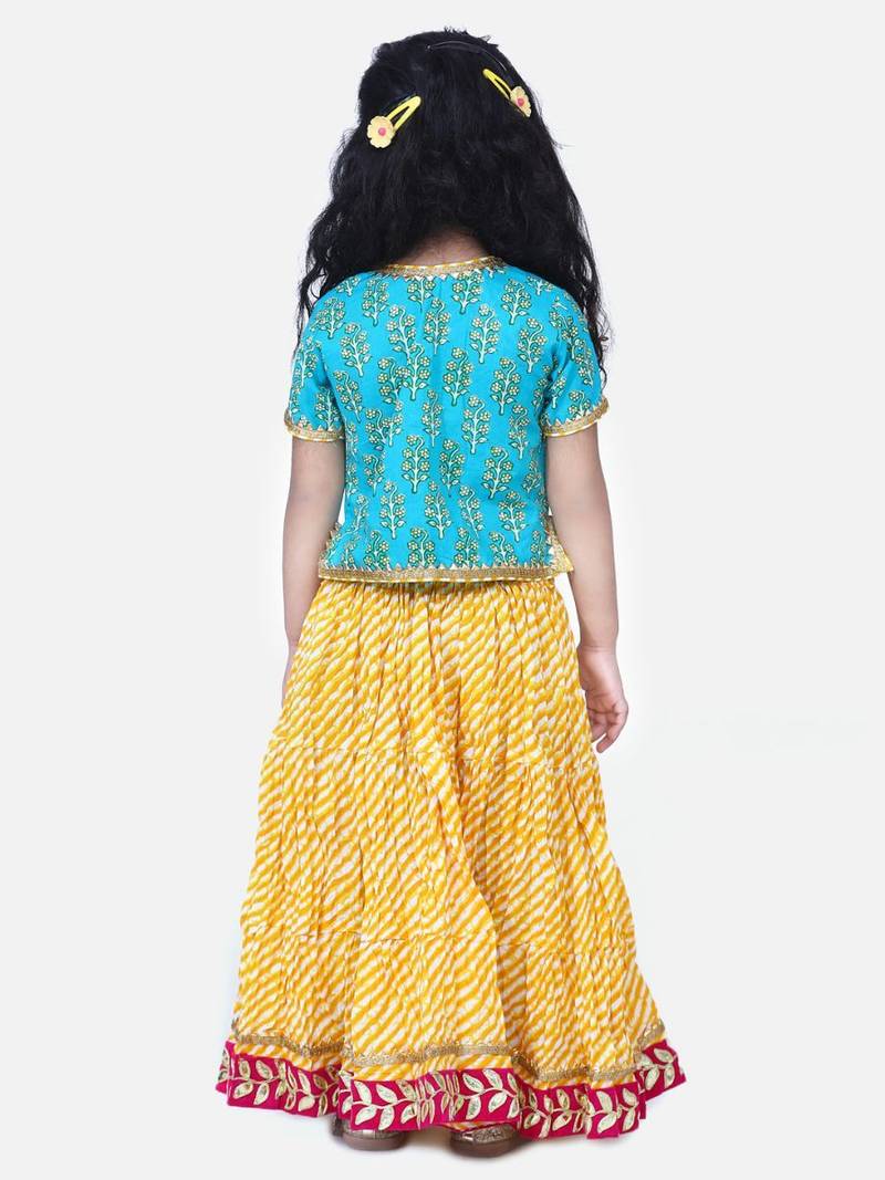 Green Block Print Front Open Cotton Skirt Top