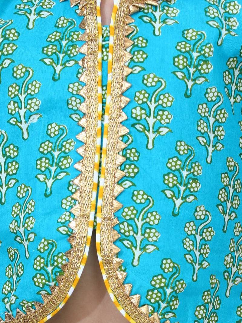 Green Block Print Front Open Cotton Skirt Top