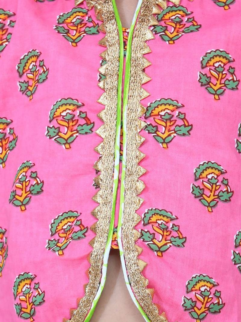 Pink Block Print Front Open Cotton Skirt Top