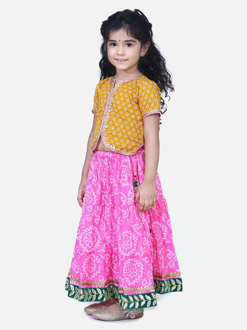 Yellow Block Print Front Open Cotton Skirt Top