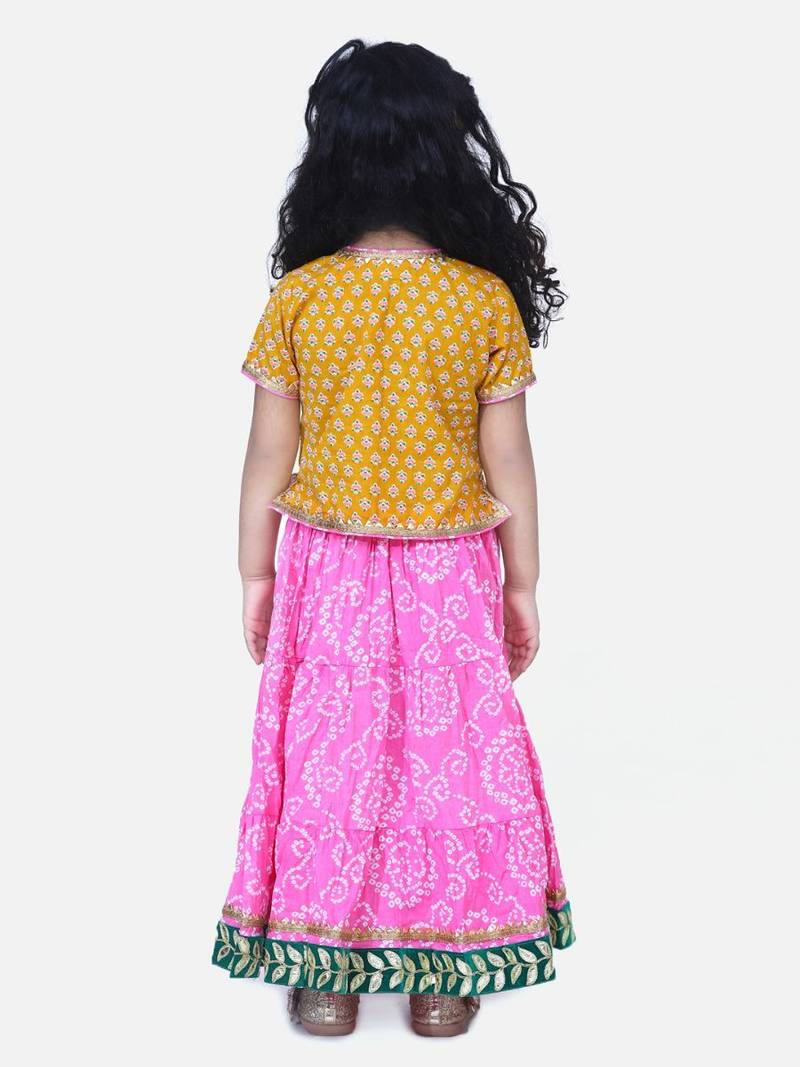 Yellow Block Print Front Open Cotton Skirt Top