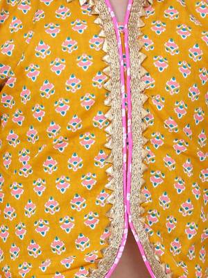 Yellow Block Print Front Open Cotton Skirt Top 4