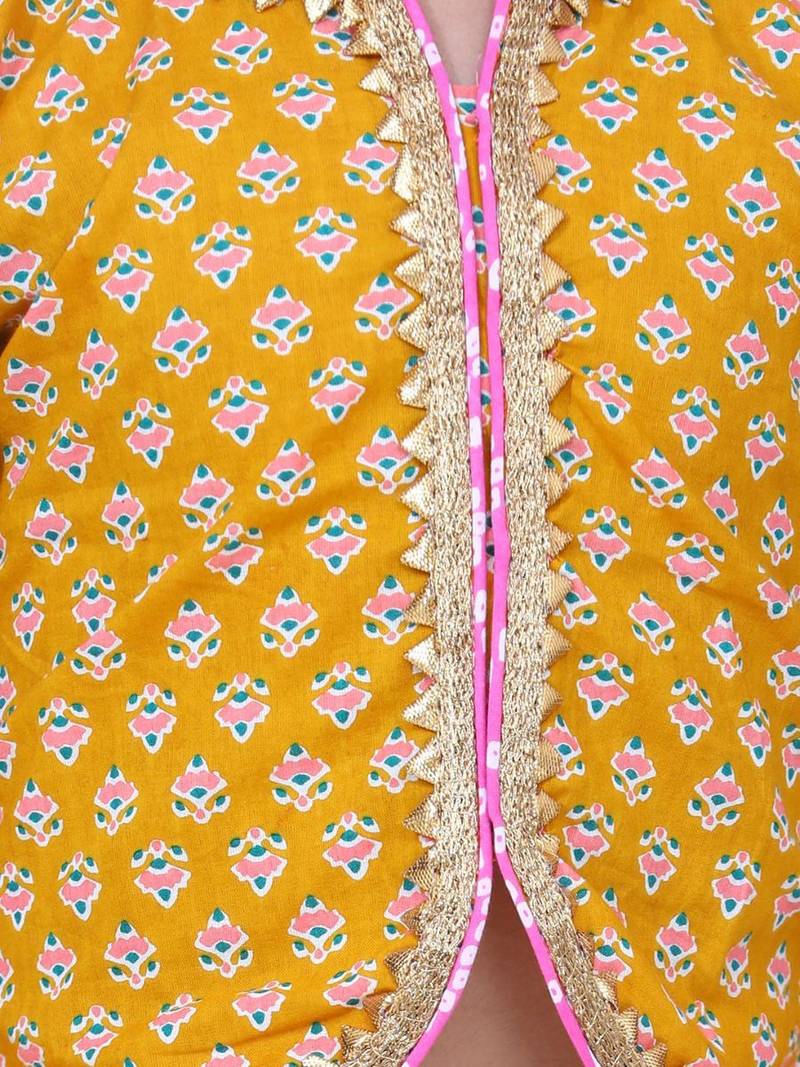 Yellow Block Print Front Open Cotton Skirt Top