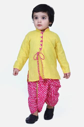 Yellow Front Open Cotton Full Sleeve Kurta with Dhoti