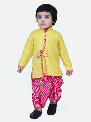 Yellow Front Open Cotton Full Sleeve Kurta with Dhoti 1