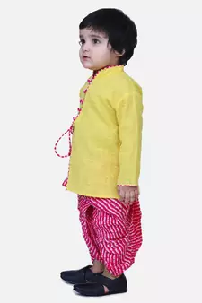 Yellow Front Open Cotton Full Sleeve Kurta with Dhoti