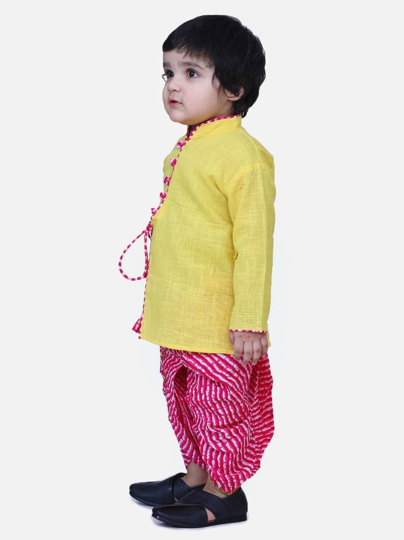 Yellow Front Open Cotton Full Sleeve Kurta with Dhoti