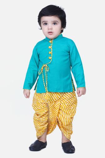 Green Front Open Cotton Full Sleeve Kurta with Dhoti