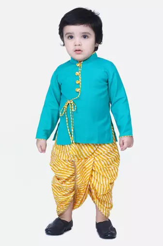 Green Front Open Cotton Full Sleeve Kurta with Dhoti
