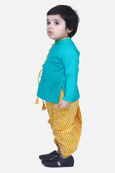 Green Front Open Cotton Full Sleeve Kurta with Dhoti