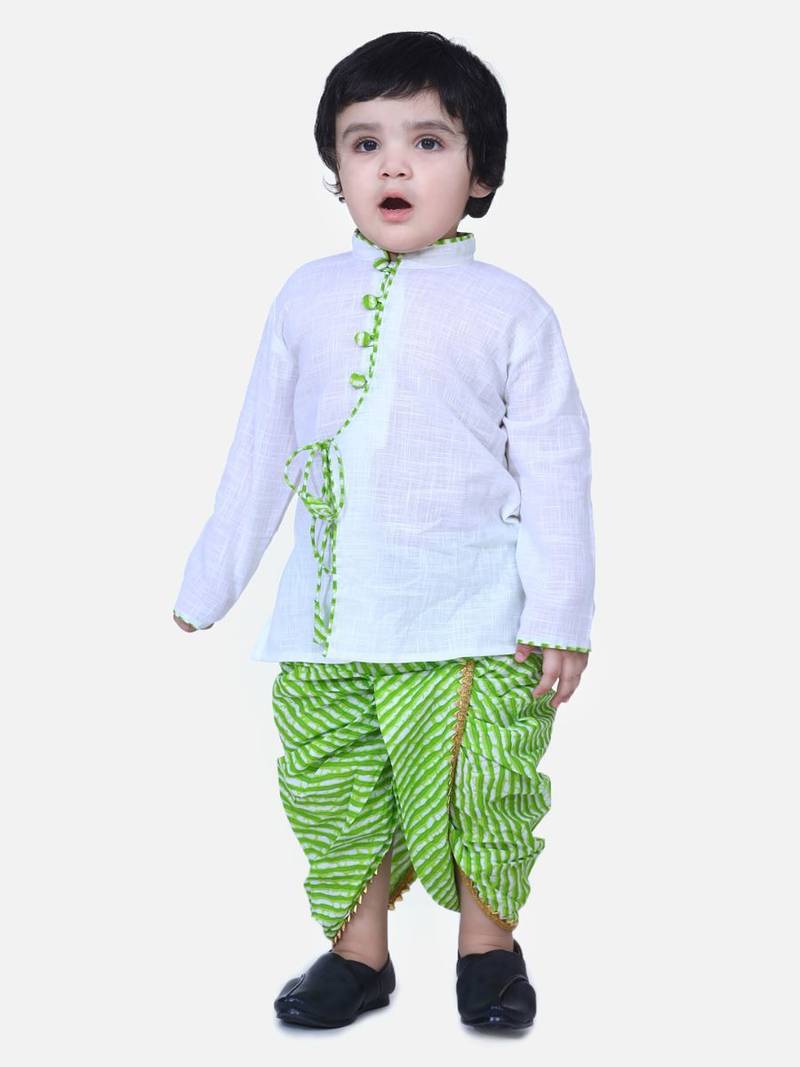 White Front Open Cotton Full Sleeve Kurta with Dhoti