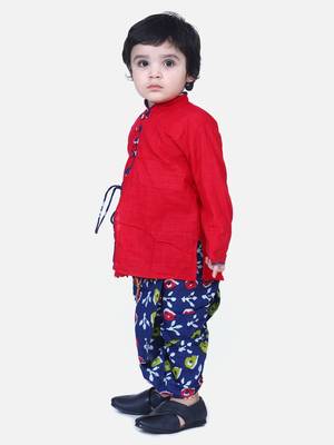 Red Front Open Cotton Full Sleeve Kurta with Dhoti 1