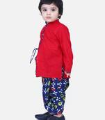 Red Front Open Cotton Full Sleeve Kurta with Dhoti