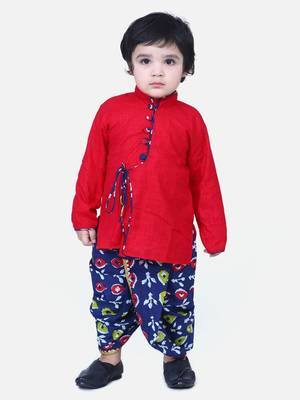 Red Front Open Cotton Full Sleeve Kurta with Dhoti 2