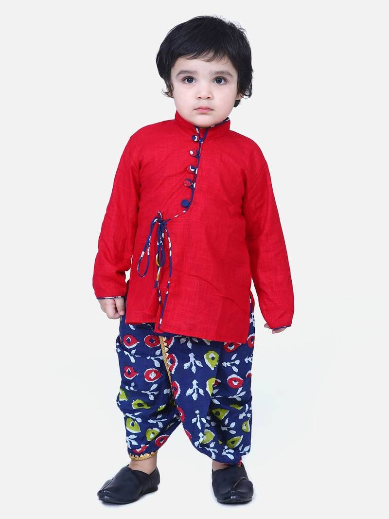 Red Front Open Cotton Full Sleeve Kurta with Dhoti