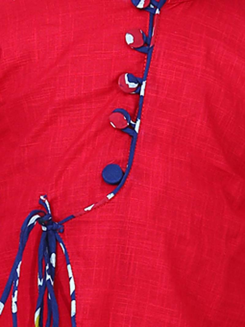 Red Front Open Cotton Full Sleeve Kurta with Dhoti