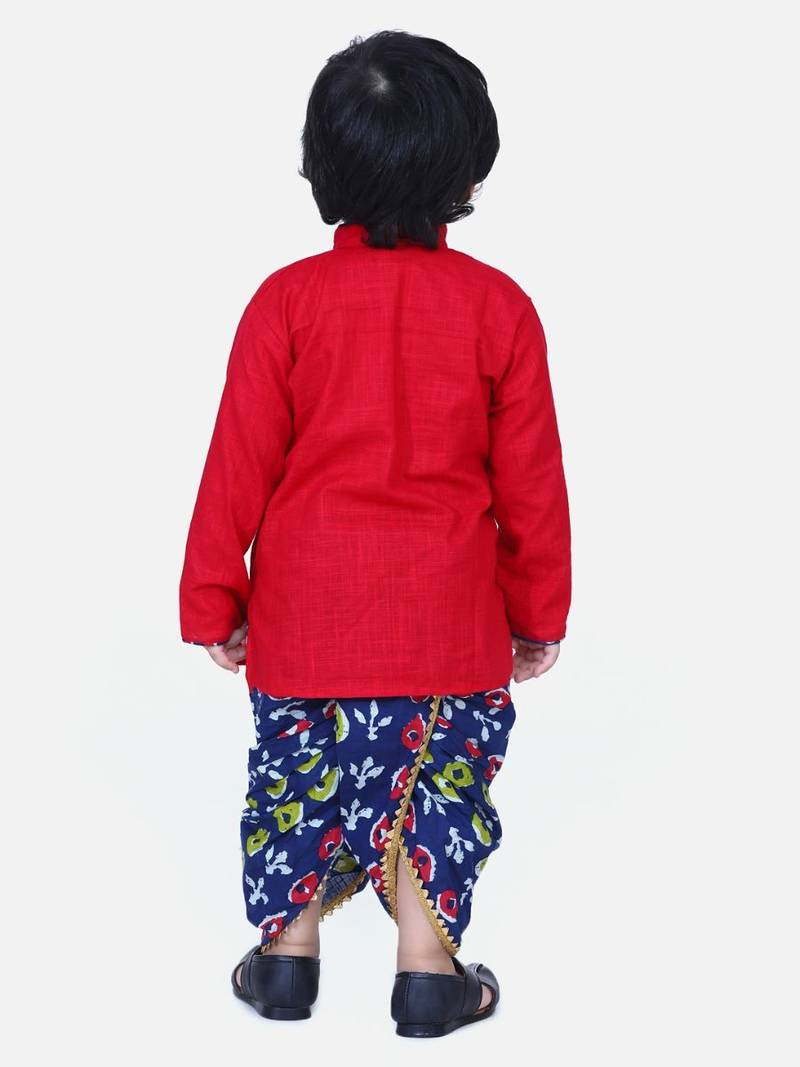 Red Front Open Cotton Full Sleeve Kurta with Dhoti