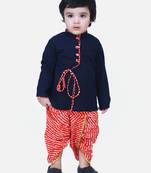 Navy Blue Front Open Cotton Full Sleeve Kurta with Dhoti