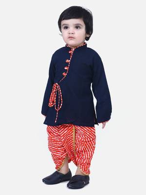 Navy Blue Front Open Cotton Full Sleeve Kurta with Dhoti 2