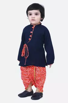 Navy Blue Front Open Cotton Full Sleeve Kurta with Dhoti