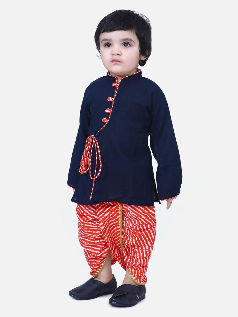 Navy Blue Front Open Cotton Full Sleeve Kurta with Dhoti