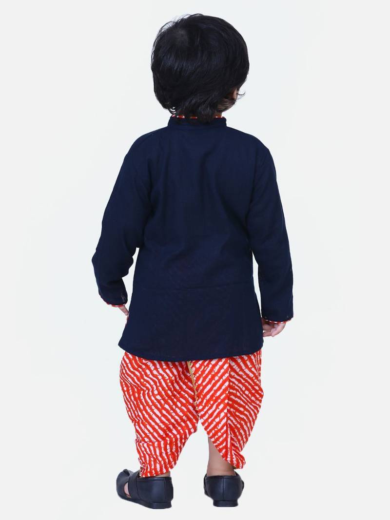 Navy Blue Front Open Cotton Full Sleeve Kurta with Dhoti