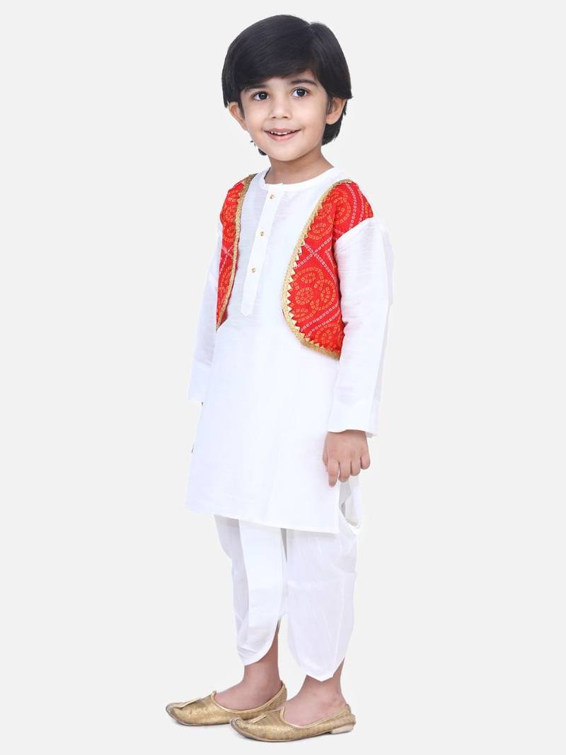 White Attached Jacket Bandhani Dhoti Kurta