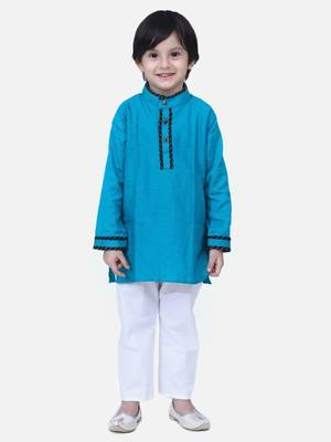 Teal  Full Sleeve Stand Collar Kurta Pajama 1