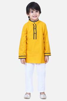 Yellow  Full Sleeve Stand Collar Kurta Pajama