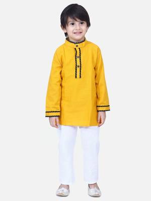 Yellow  Full Sleeve Stand Collar Kurta Pajama 1