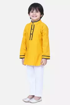 Yellow  Full Sleeve Stand Collar Kurta Pajama