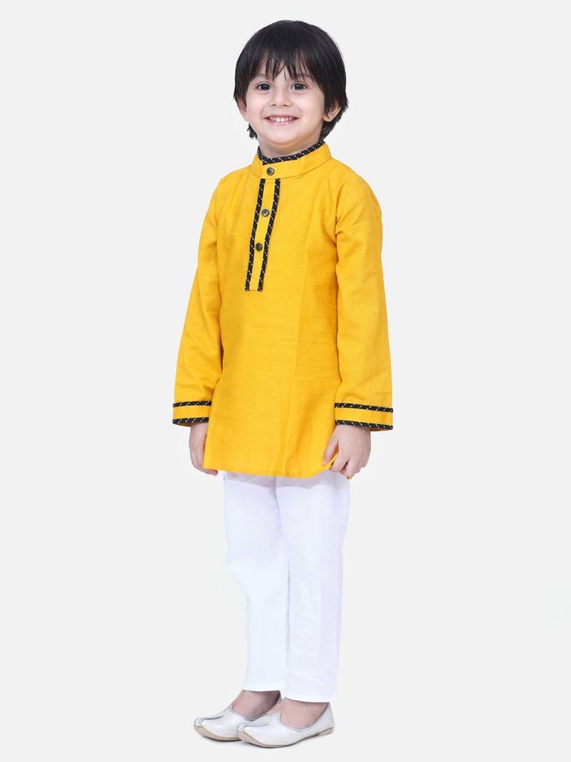 Yellow  Full Sleeve Stand Collar Kurta Pajama