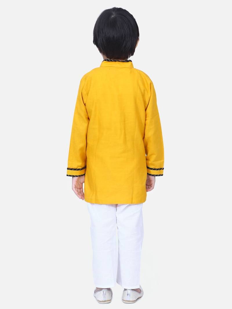 Yellow  Full Sleeve Stand Collar Kurta Pajama