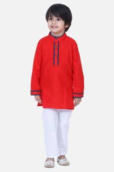 Red  Full Sleeve Stand Collar Kurta Pajama