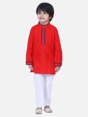 Red  Full Sleeve Stand Collar Kurta Pajama 1