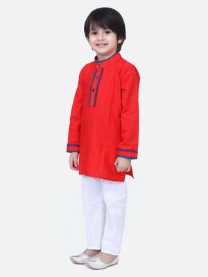 Red  Full Sleeve Stand Collar Kurta Pajama 2