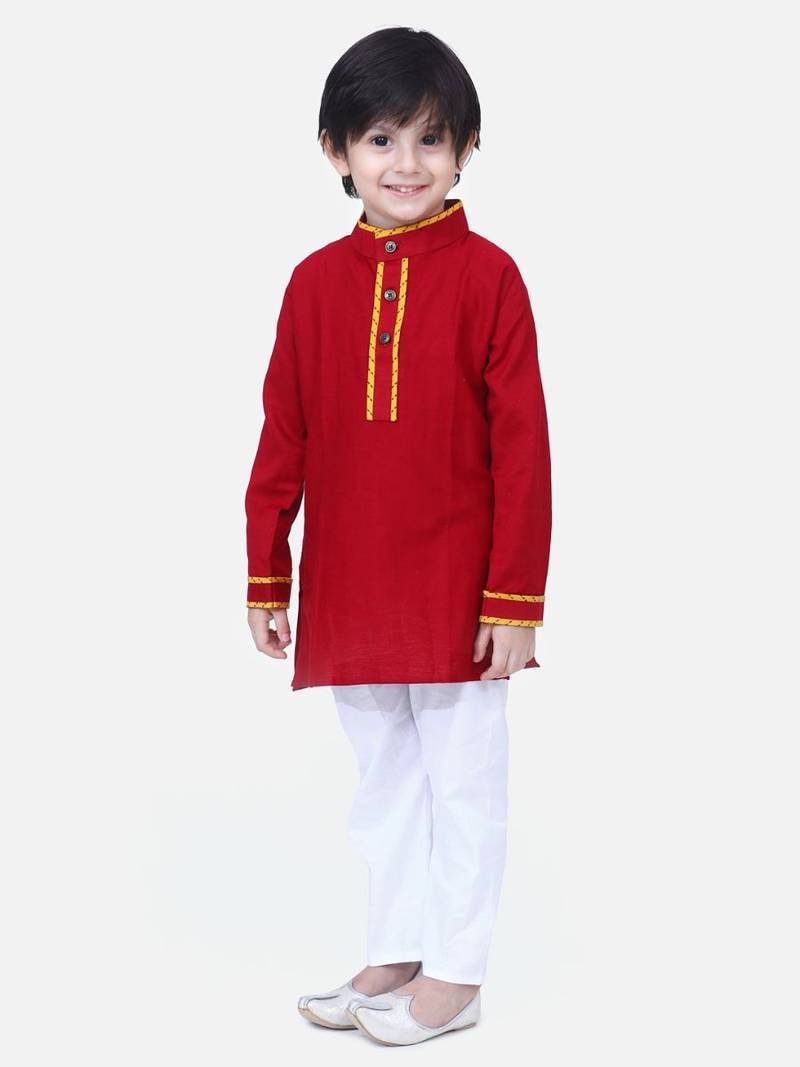 Maroon  Full Sleeve Stand Collar Kurta Pajama