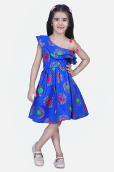 Blue One Shoulder Jacquard Party Frock
