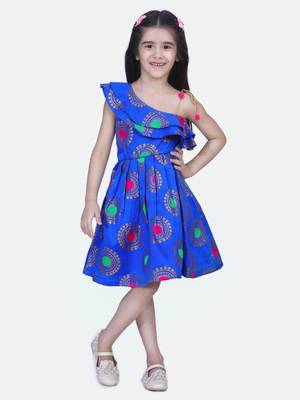 Blue One Shoulder Jacquard Party Frock 1