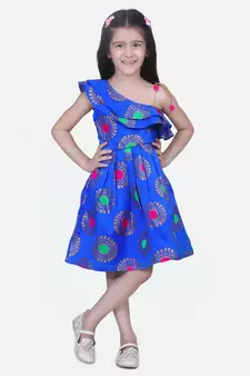 Blue One Shoulder Jacquard Party Frock