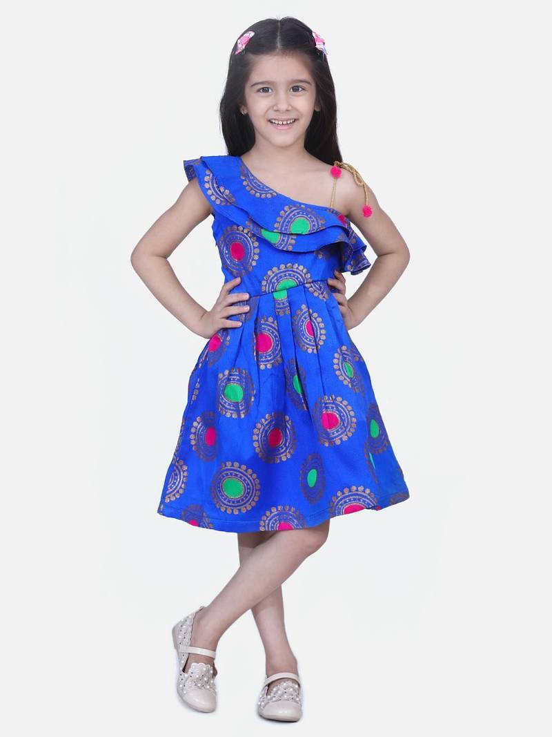 Blue One Shoulder Jacquard Party Frock