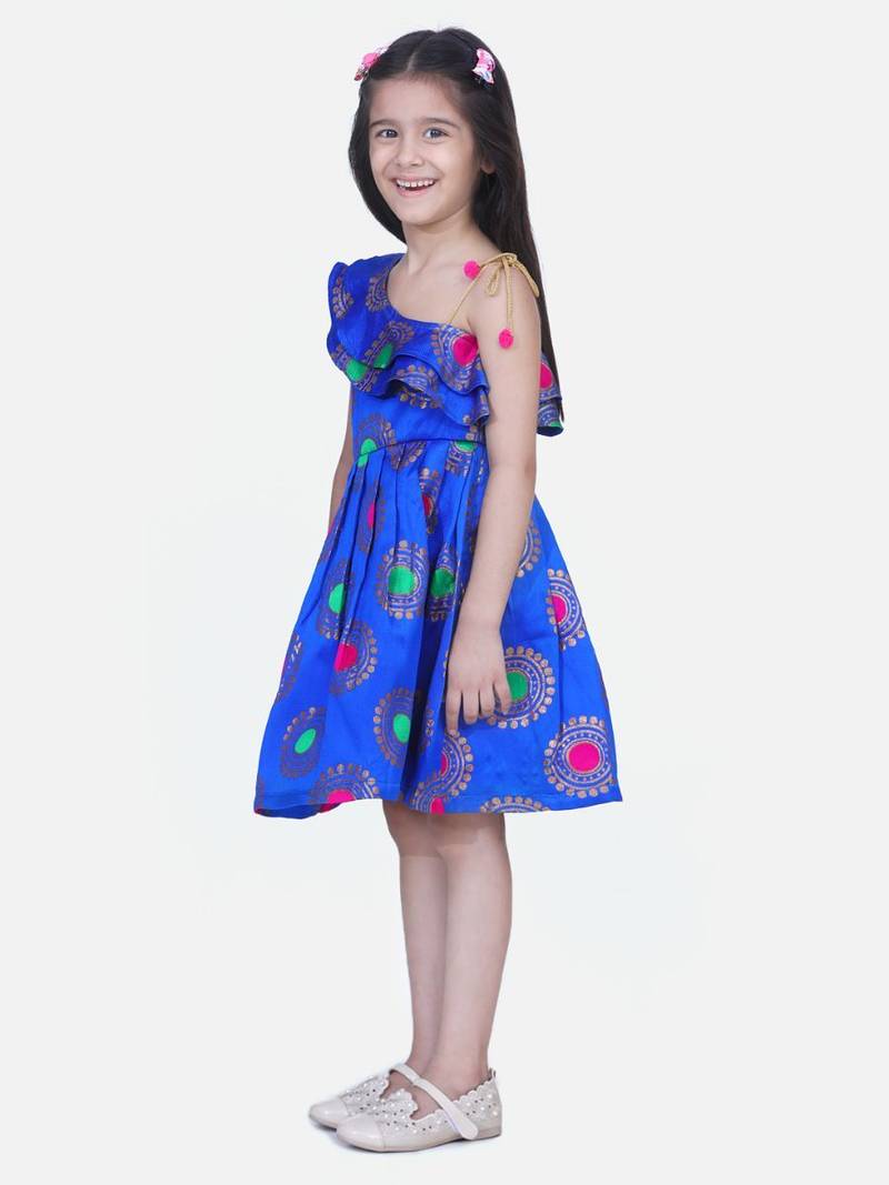 Blue One Shoulder Jacquard Party Frock